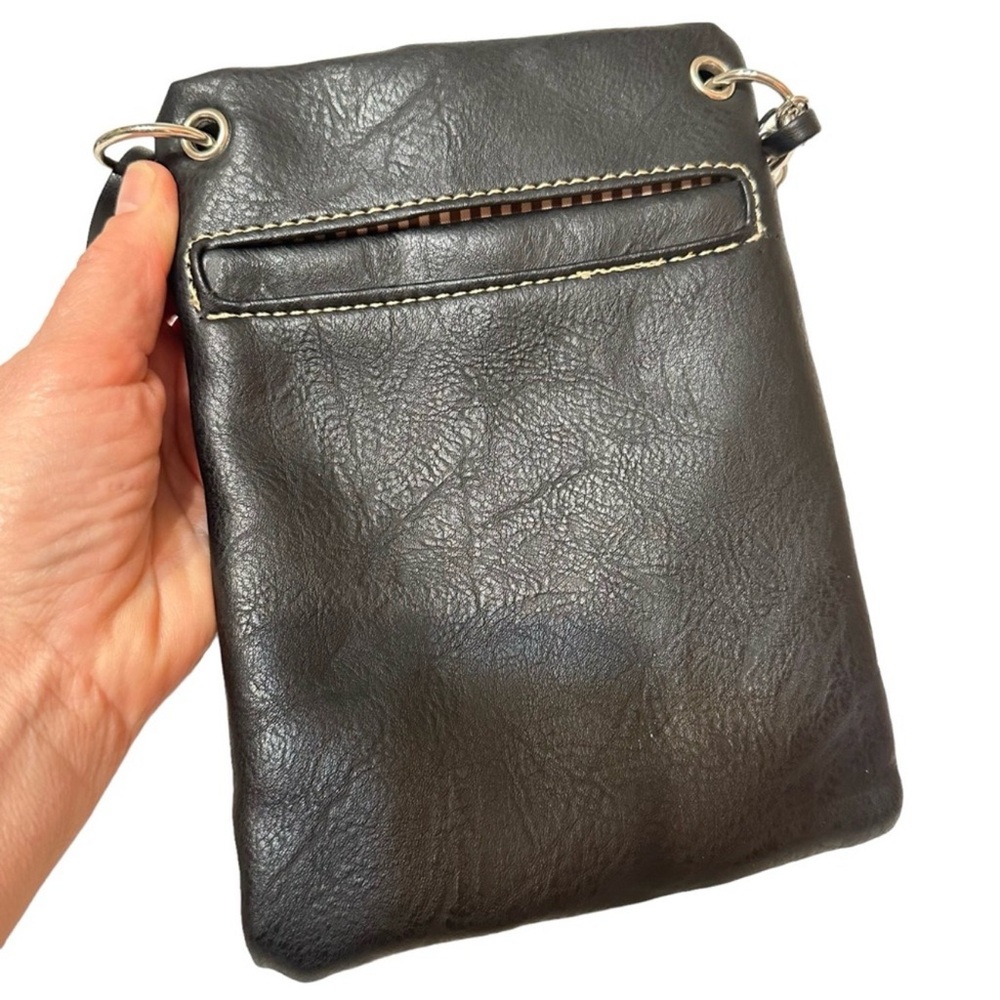 Cowgirl Trendy Black Embroidered Leather Crossbody Bag with Turquoise Concho - Picture 3 of 6